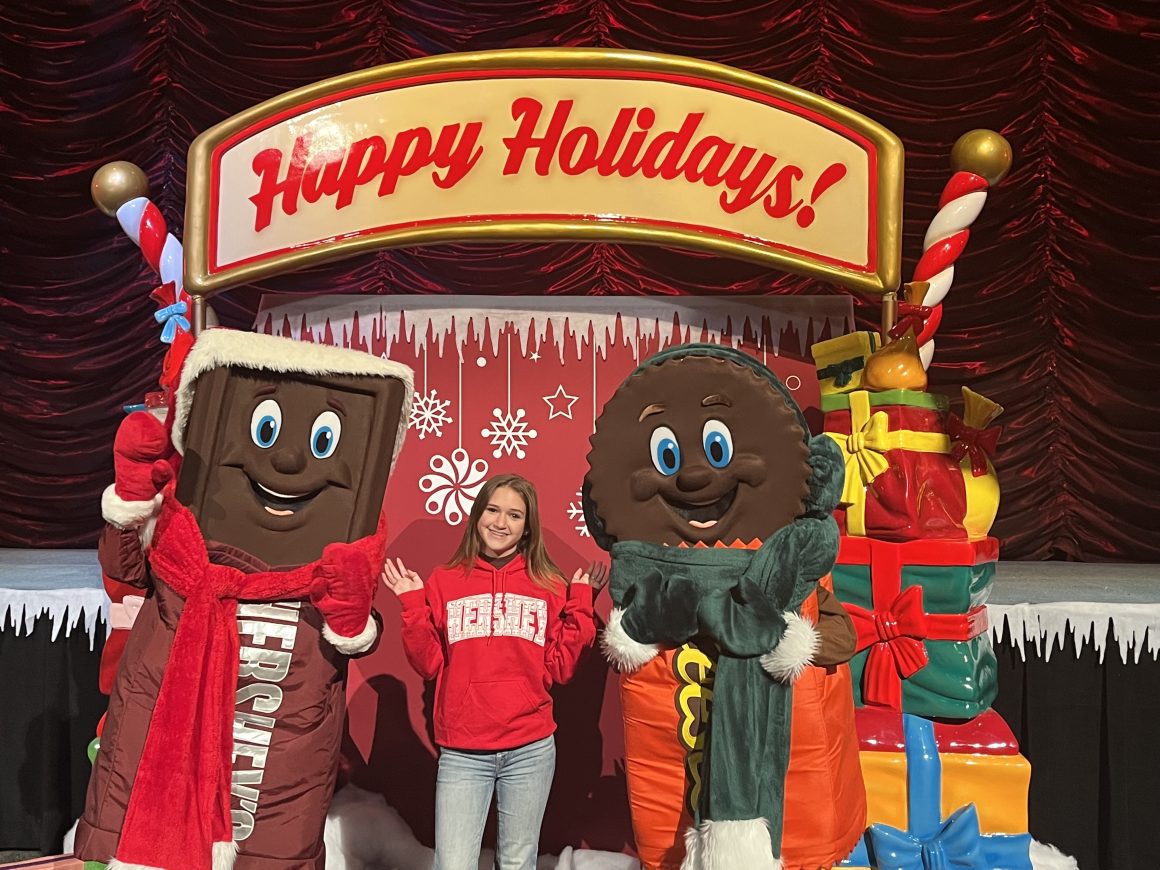 Photos with Hershey characters during Christmas in Hersheypark in Hershey PA